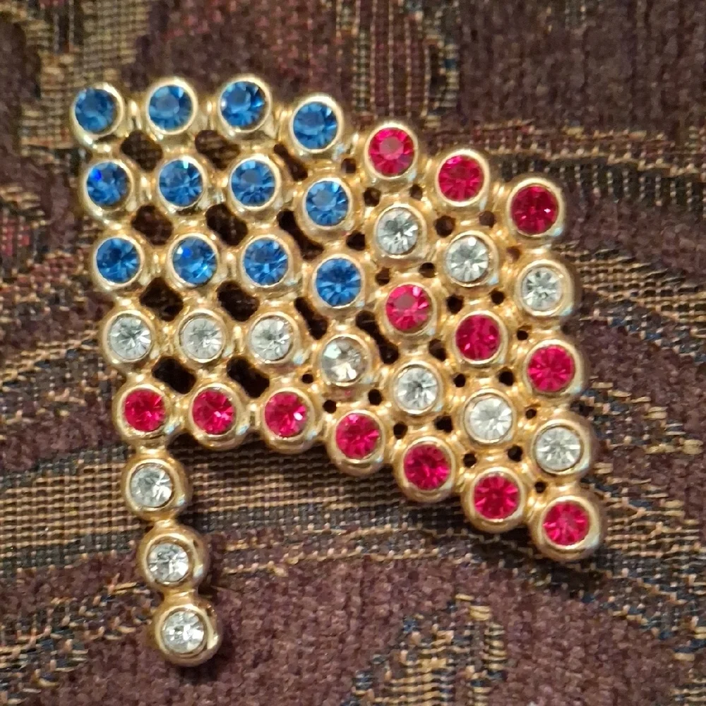 Gold Plated Flag Brooch with Red, Blue, and White Crystals